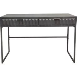 Fiva 47 Inch 2 Drawer Desk Embossed Geometric Patterns Smoke Gray Wood -CYMAX Sales 2769796 1 L