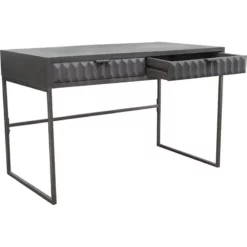 Fiva 47 Inch 2 Drawer Desk Embossed Geometric Patterns Smoke Gray Wood -CYMAX Sales 2769796 2 L