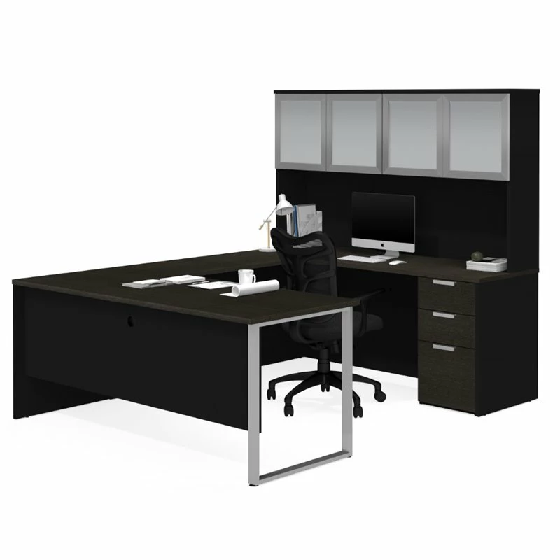 Pemberly Row U Desk With 4 Door Hutch In Deep Gray And Black 3 Pemberly Row U Desk With 4 Door Hutch In Deep Gray And Black
