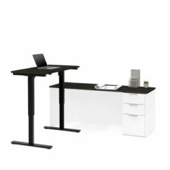 Pemberly Row Height Adjustable L Desk In White And Deep Gray