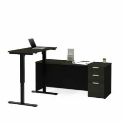 Pemberly Row Height Adjustable L Desk In Deep Gray And Black