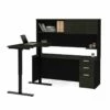 Pemberly Row Adjustable L Desk With Hutch In Deep Gray And Black