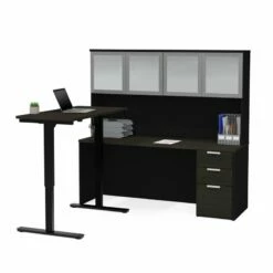 Pemberly Row Adjustable L Desk With Hutch In Black And Deep Gray