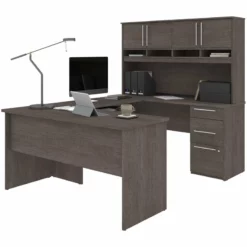 Pemberly Row Wooden Configurable Computer Desk With Hutch In Bark Gray -CYMAX Sales 2773547 2 L