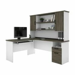 Pemberly Row L Shaped Computer Desk With Hutch In Walnut Gray And White
