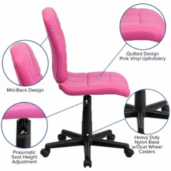 Pemberly Row Contemporary Mid Back Quilted Office Swivel Chair In Pink -CYMAX Sales 2774048 4 L