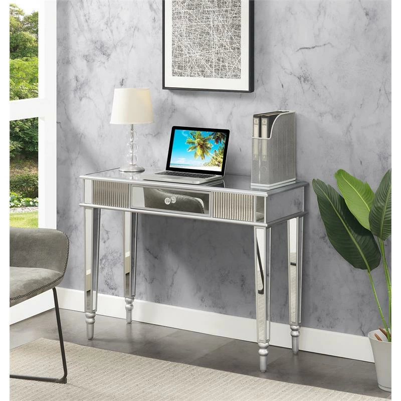 Pemberly Row One-Drawer Desk/Console Table In Mirrored Glass 4 Pemberly Row One-Drawer Desk/Console Table In Mirrored Glass - Image 2