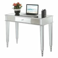 Pemberly Row One-Drawer Desk/Console Table In Mirrored Glass 14 Pemberly Row One-Drawer Desk/Console Table In Mirrored Glass -CYMAX Sales 2774306 2 L