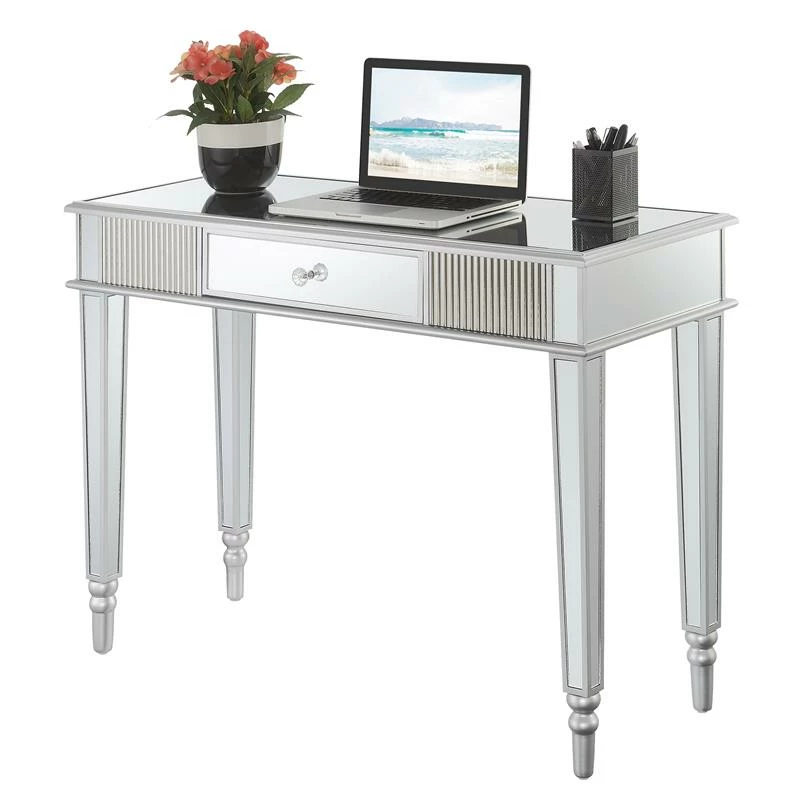 Pemberly Row One-Drawer Desk/Console Table In Mirrored Glass 5 Pemberly Row One-Drawer Desk/Console Table In Mirrored Glass - Image 3