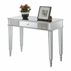 Pemberly Row One-Drawer Desk/Console Table In Mirrored Glass 15 Pemberly Row One-Drawer Desk/Console Table In Mirrored Glass -CYMAX Sales 2774306 3 L