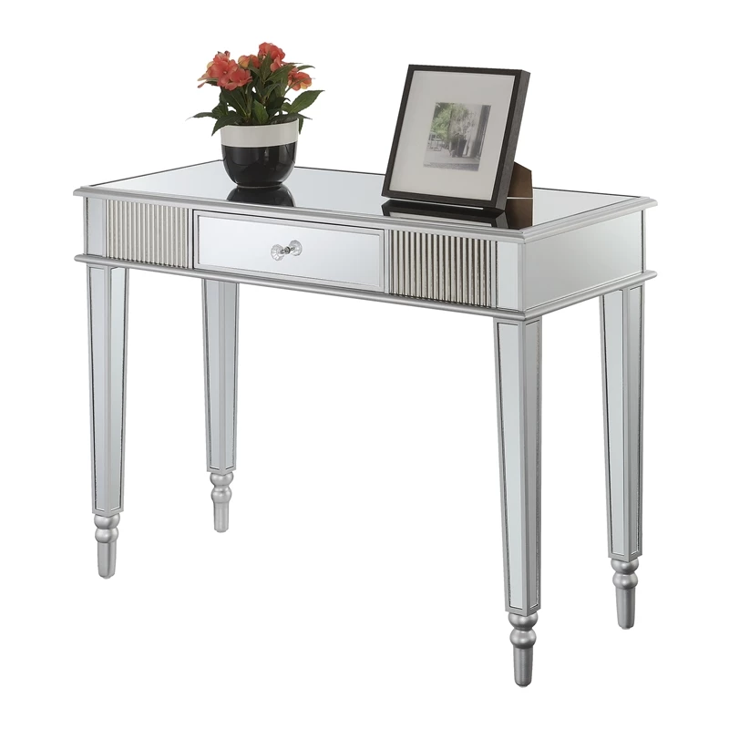 Pemberly Row One-Drawer Desk/Console Table In Mirrored Glass 6 Pemberly Row One-Drawer Desk/Console Table In Mirrored Glass - Image 4