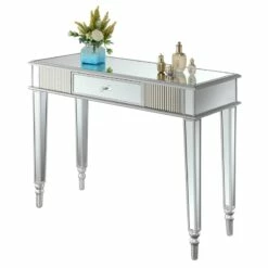 Pemberly Row One-Drawer Desk/Console Table In Mirrored Glass 16 Pemberly Row One-Drawer Desk/Console Table In Mirrored Glass -CYMAX Sales 2774306 4 L