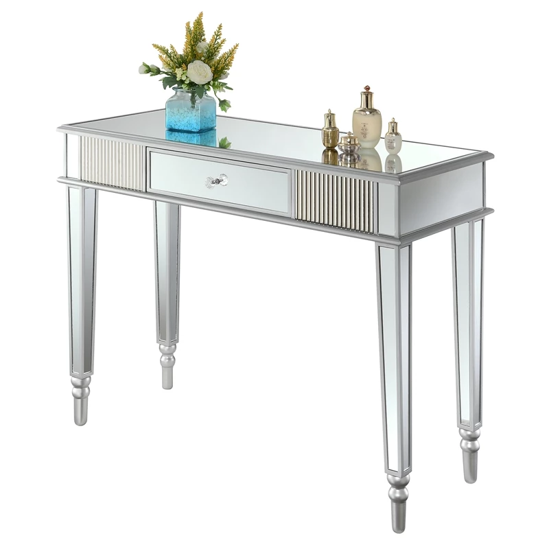 Pemberly Row One-Drawer Desk/Console Table In Mirrored Glass 7 Pemberly Row One-Drawer Desk/Console Table In Mirrored Glass - Image 5