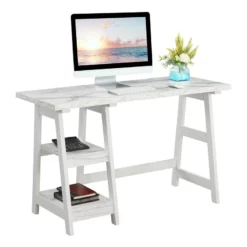 Pemberly Row Trestle Desk With Shelves In White Faux Marble Wood Finish -CYMAX Sales 2774308 2 L