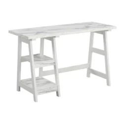 Pemberly Row Trestle Desk With Shelves In White Faux Marble Wood Finish