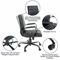 Pemberly Row Contemporary Leather Mid-Back Office Swivel Chair In Black -CYMAX Sales 2774315 17 L