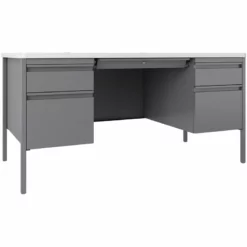 Pemberly Row 30x60 Double Pedestal Metal Desk With T-Mold Top Silver/White