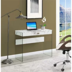Pemberly Row 36 Desk In Clear Glass And White Faux Marble Finish With Drawer -CYMAX Sales 2774459 2 L