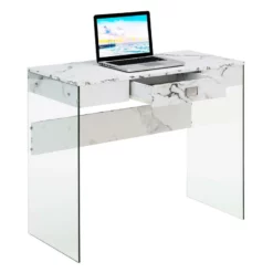 Pemberly Row 36 Desk In Clear Glass And White Faux Marble Finish With Drawer -CYMAX Sales 2774459 3 L