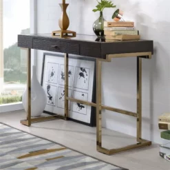 Pemberly Row 1-Drawer Wooden Top Home Office Desk In Espresso And Champagne