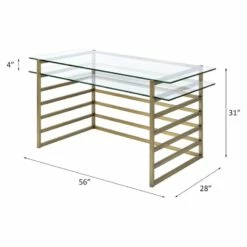 Pemberly Row Glass Rectangular Top 1-Shelf Desk In Antique Gold And Clear -CYMAX Sales 2774637 12 L