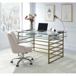 Pemberly Row Glass Rectangular Top 1-Shelf Desk In Antique Gold And Clear -CYMAX Sales 2774637 7 L