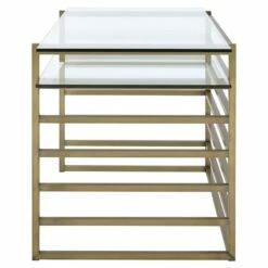 Pemberly Row Glass Rectangular Top 1-Shelf Desk In Antique Gold And Clear -CYMAX Sales 2774637 9 L