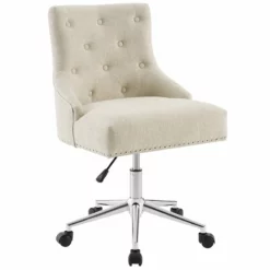 Pemberly Row Tufted Button Swivel Upholstered Fabric Office Chair In Beige