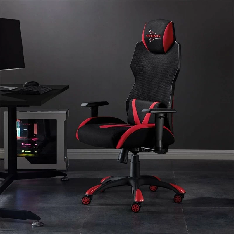 Pemberly Row Modern Mesh Fabric Gaming Computer Chair In Black/Red 4 Pemberly Row Modern Mesh Fabric Gaming Computer Chair In Black/Red - Image 2