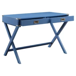 Pemberly Row Wooden Rectangular 2-Drawer Writing Desk With X-Shaped Base In Blue -CYMAX Sales 2774670 10 L