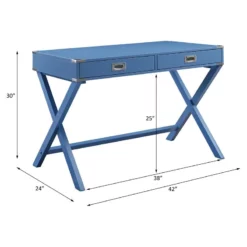 Pemberly Row Wooden Rectangular 2-Drawer Writing Desk With X-Shaped Base In Blue -CYMAX Sales 2774670 12 L