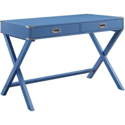 Pemberly Row Wooden Rectangular 2-Drawer Writing Desk With X-Shaped Base In Blue