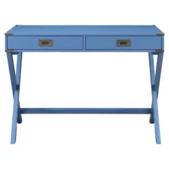 Pemberly Row Wooden Rectangular 2-Drawer Writing Desk With X-Shaped Base In Blue -CYMAX Sales 2774670 8 L