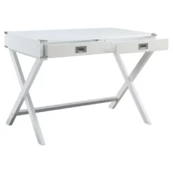 Pemberly Row Wood Rectangular 2-Drawer Writing Desk With X-Shaped Base In White -CYMAX Sales 2774671 10 L