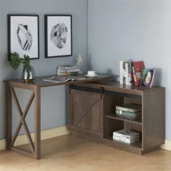 Pemberly Row Transitional Wood L-Shape Desk In Walnut Oak Finish -CYMAX Sales 2774702 5 L