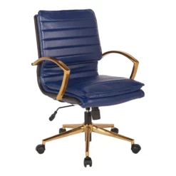 Pemberly Row Mid-Back Faux Leather Chair With Gold Finish In Navy Faux Leather