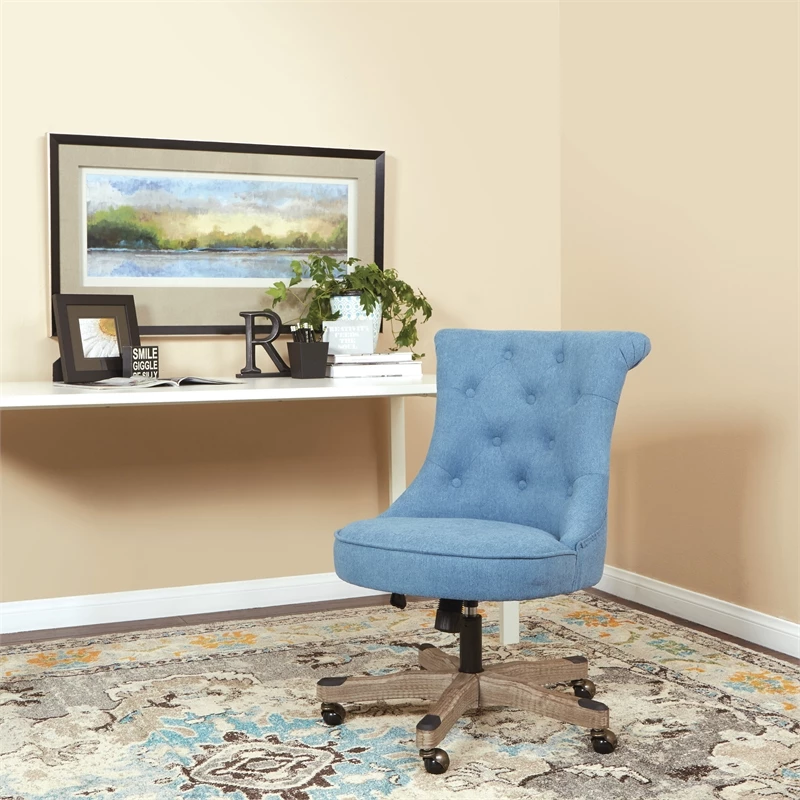 Pemberly Row Tufted Office Chair In Sky Blue Fabric With Gray Wood Base 4 Pemberly Row Tufted Office Chair In Sky Blue Fabric With Gray Wood Base - Image 2