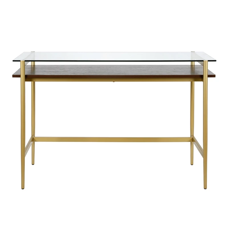 Pemberly Row Contemporary 46" Brass/Walnut Metal/Glass Home Office 5 Pemberly Row Contemporary 46" Brass/Walnut Metal/Glass Home Office - Image 3