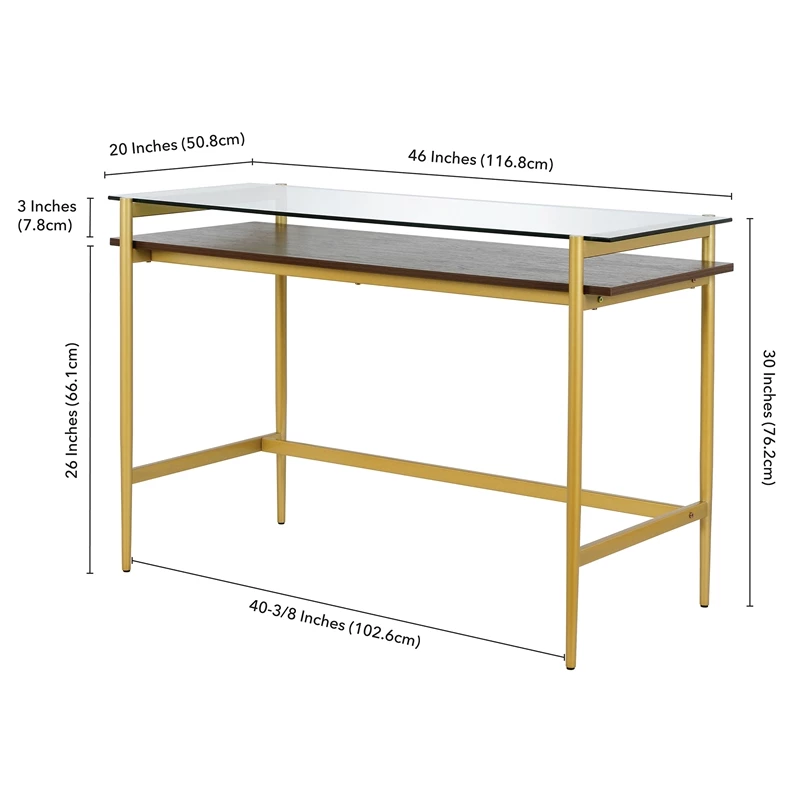 Pemberly Row Contemporary 46" Brass/Walnut Metal/Glass Home Office 7 Pemberly Row Contemporary 46" Brass/Walnut Metal/Glass Home Office - Image 5