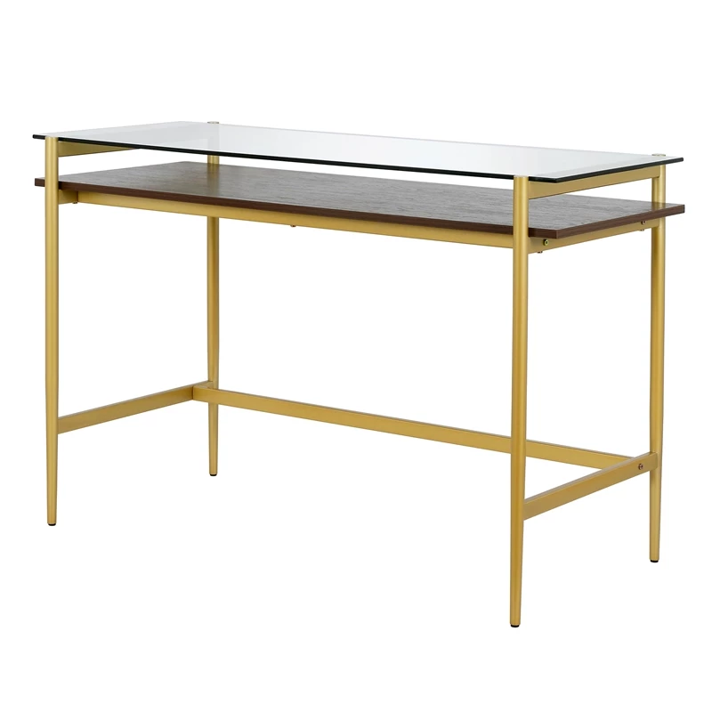 Pemberly Row Contemporary 46" Brass/Walnut Metal/Glass Home Office 10 Pemberly Row Contemporary 46" Brass/Walnut Metal/Glass Home Office - Image 8