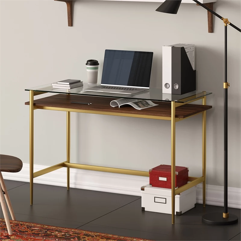 Pemberly Row Contemporary 46" Brass/Walnut Metal/Glass Home Office 11 Pemberly Row Contemporary 46" Brass/Walnut Metal/Glass Home Office - Image 9