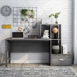 Pemberly Row Contemporary Wood Multi-Storage Desk In Distressed Gray -CYMAX Sales 2774743 6 L