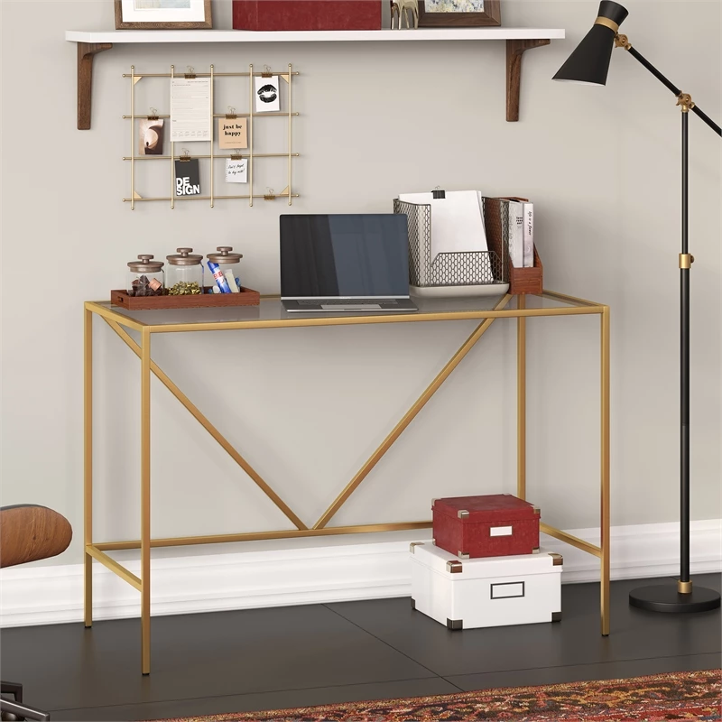Pemberly Row Contemporary 44" Brass Finish Metal/Glass Home Office 5 Pemberly Row Contemporary 44" Brass Finish Metal/Glass Home Office - Image 3