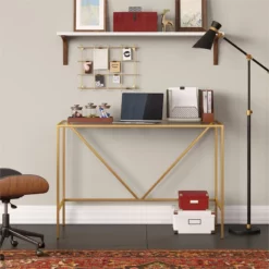 Pemberly Row Contemporary 44" Brass Finish Metal/Glass Home Office 14 Pemberly Row Contemporary 44" Brass Finish Metal/Glass Home Office -CYMAX Sales 2774750 4 L