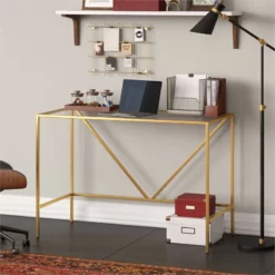 Pemberly Row Contemporary 44" Brass Finish Metal/Glass Home Office 17 Pemberly Row Contemporary 44" Brass Finish Metal/Glass Home Office -CYMAX Sales 2774750 7 L