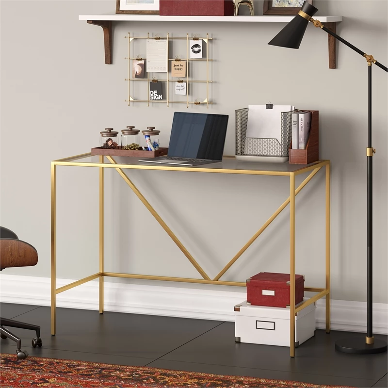 Pemberly Row Contemporary 44" Brass Finish Metal/Glass Home Office 10 Pemberly Row Contemporary 44" Brass Finish Metal/Glass Home Office - Image 8