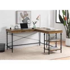 Pemberly Row Contemporary L-shaped Wooden Desk In Brown Oak Finish 13 Pemberly Row Contemporary L-shaped Wooden Desk In Brown Oak Finish -CYMAX Sales 2774775 5 L