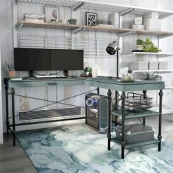 Pemberly Row Contemporary L-shaped Wooden Desk In Antique Blue 15 Pemberly Row Contemporary L-shaped Wooden Desk In Antique Blue -CYMAX Sales 2774776 8 L