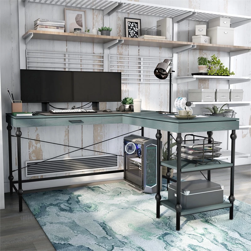 Pemberly Row Contemporary L-shaped Wooden Desk In Antique Blue 9 Pemberly Row Contemporary L-shaped Wooden Desk In Antique Blue - Image 7