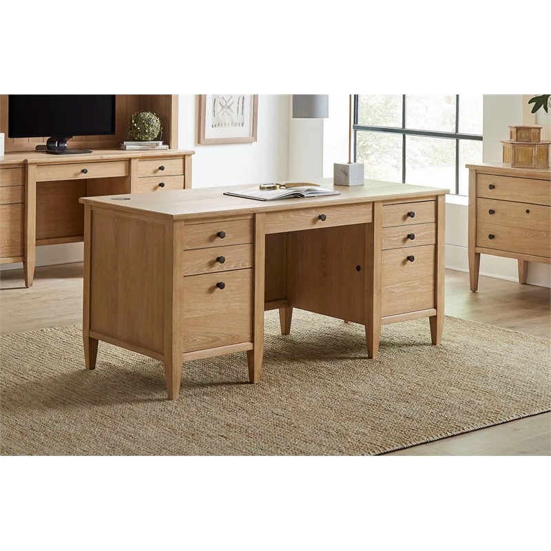 Pemberly Row Modern Wood Double Pedestal Wood Desk Fully Assembled Light Brown 4 Pemberly Row Modern Wood Double Pedestal Wood Desk Fully Assembled Light Brown - Image 2